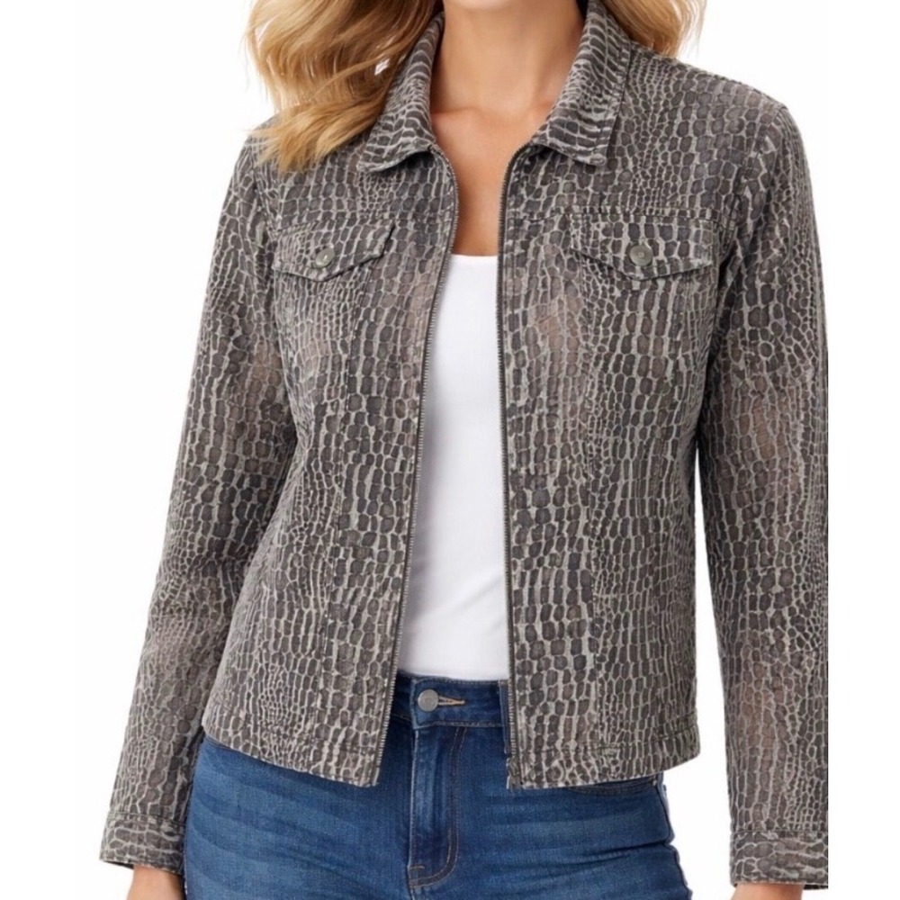 Ruby Rd Womens Grey Metallic Faux Alligator Print Zip Front Jacket Size 10‎